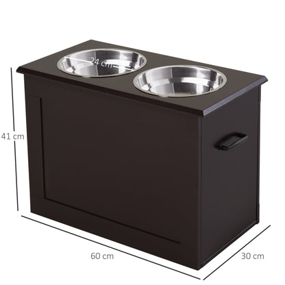 Ciotole Rialzate per Cani Grandi, Supporto Portaciotole in MDF con 2 Ciotole in Acciaio Inox, 60x30x41 cm, Marrone