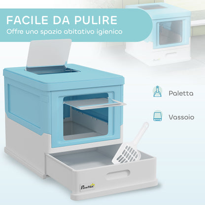 Lettiera per Gatti Chiusa con Paletta, Vassoio Estraibile e 2 Porte, 47.5x35.5x36.7cm, Azzurro