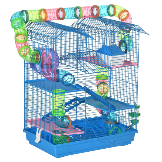 Gabbia per Criceti e Roditori a 5 Piani, Gabbietta per Criceti con Tubi Colorati, Ruota, Casetta e Accessori Inclusi, 47x30x59 cm, Blu