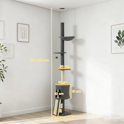 Albero per Gatti a Soffitto Alto 220-240 cm con Amaca, Casetta, Piattaforme a Fiore e Pali in Sisal, Grigio