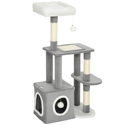 Albero Tiragraffi per Gatti con Casetta, Lettino e 2 Palline, in Legno e Peluche, 55x40x107 cm, Grigio e Bianco
