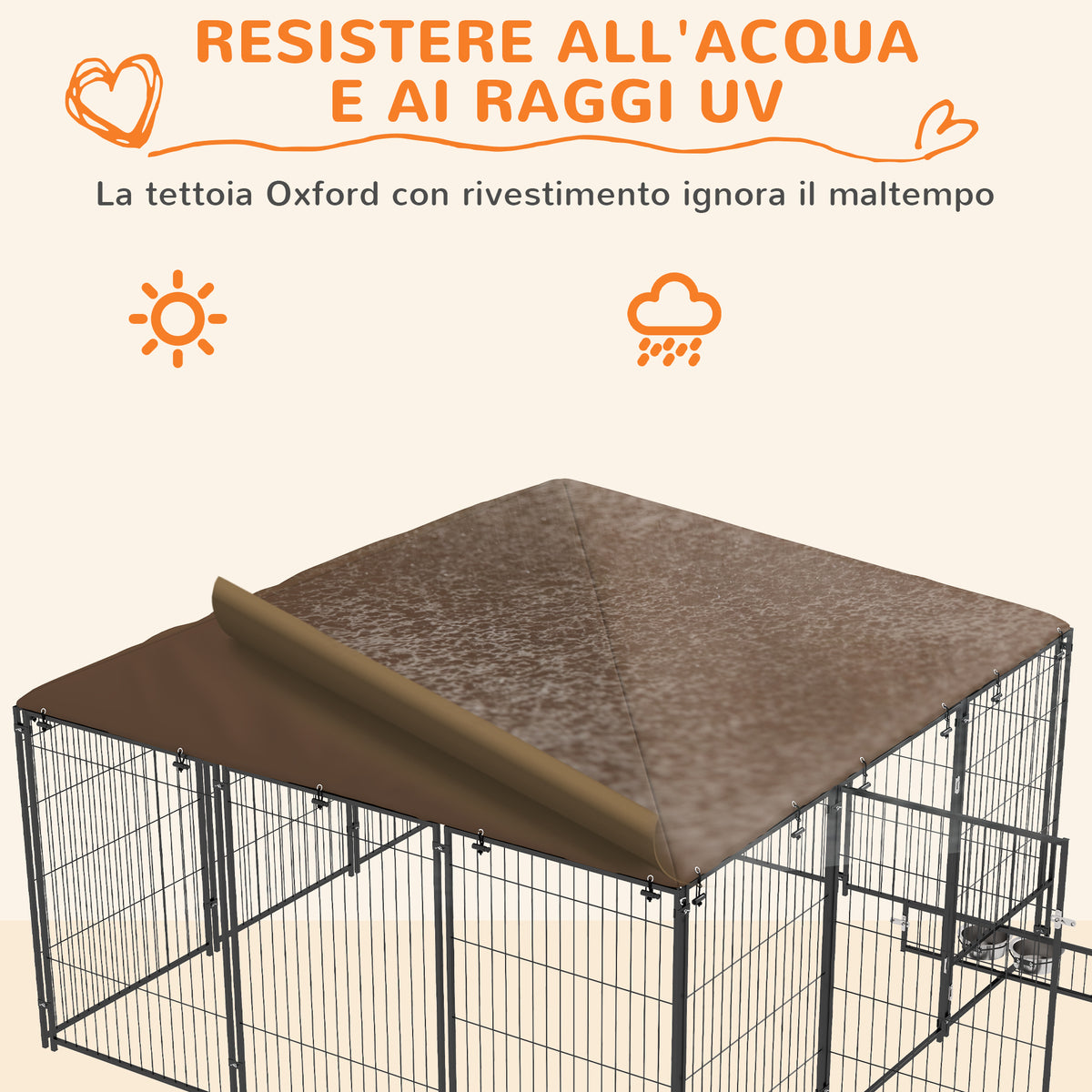 Recinto per Cani in Metallo e Tessuto Oxford con Porticina per Ciotole, 211x211x151 cm, Nero e Marrone