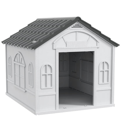 Casetta per Cani in PP Impermeabile con Tetto Inclinato e Porta di Ingresso, 84.2x98.2x82 cm, Grigio