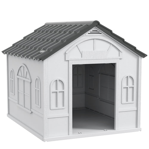 Casetta per Cani in PP Impermeabile con Tetto Inclinato e Porta di Ingresso, 84.2x98.2x82 cm, Grigio