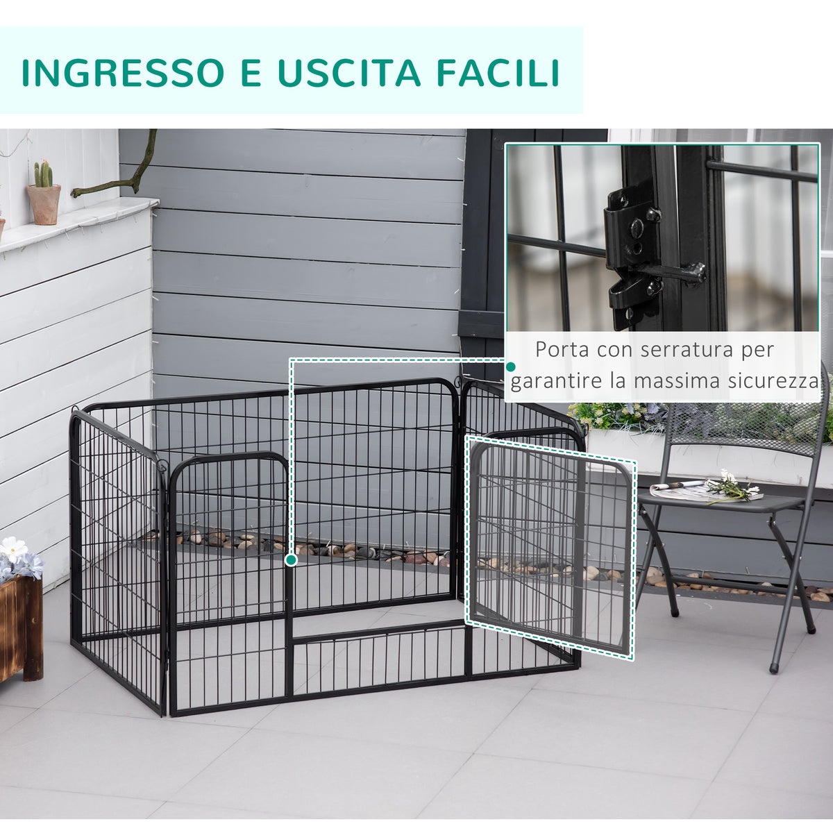 Recinto per Cani di Piccoli Taglia da Interno ed Esterno, Recinzione per Animali Domestici con Rete 6 pz in Acciaio e Metallo, 125x80x70 cm, Nero