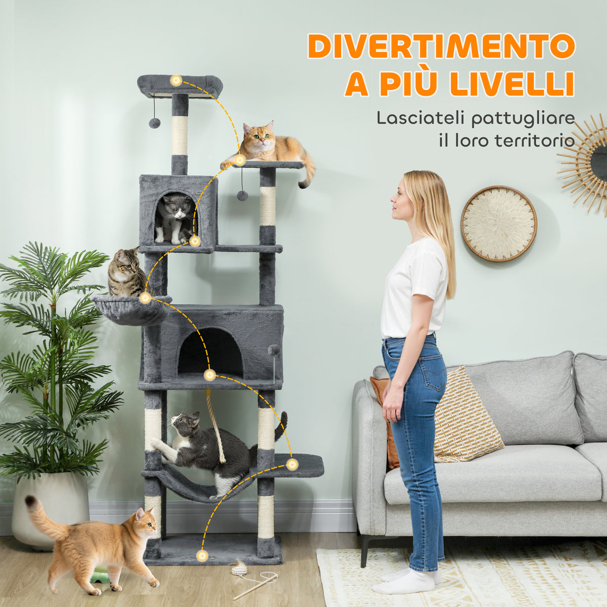 Albero Tiragraffi per Gatti Alto 202 cm con 6 Pali in Sisal, 2 Casette, 2 Amache e Lettino, Grigio