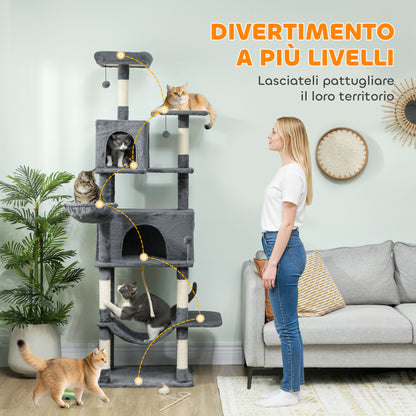 Albero Tiragraffi per Gatti Alto 202 cm con 6 Pali in Sisal, 2 Casette, 2 Amache e Lettino, Grigio