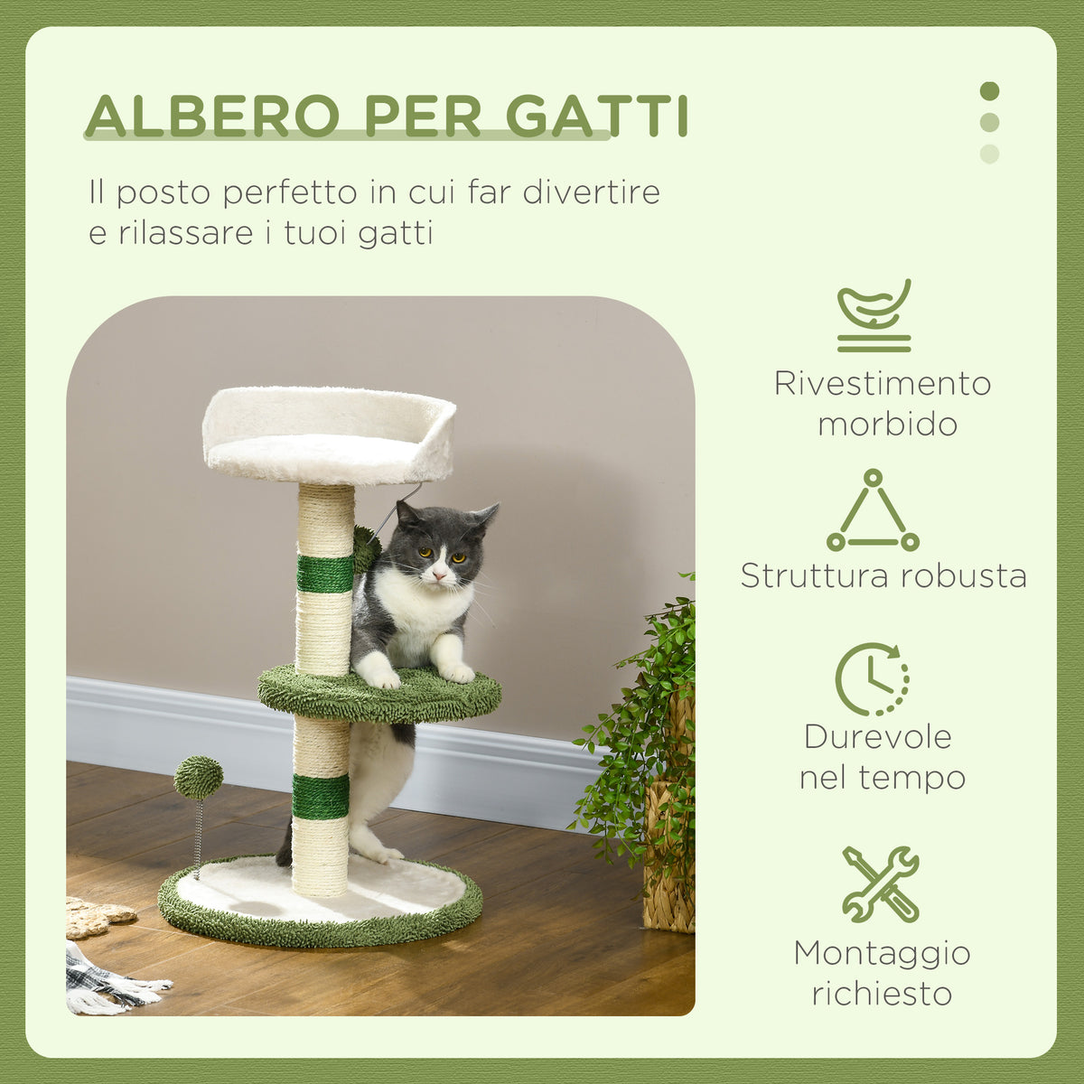 Albero Tiragraffi con Lettino per Gatti, 2 Palline, Piattaforma e Palo in Sisal, Verde e Bianco