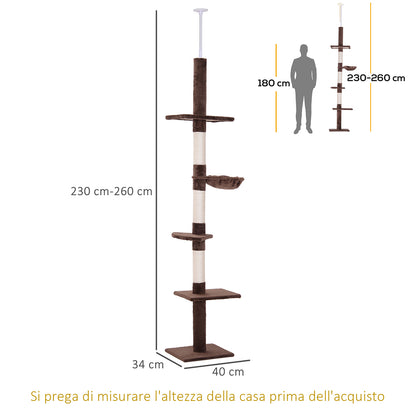 Albero Tiragraffi Multilivello a Soffitto con Amaca e Altezza Regolabile, 40x34x230-260cm, Marrone