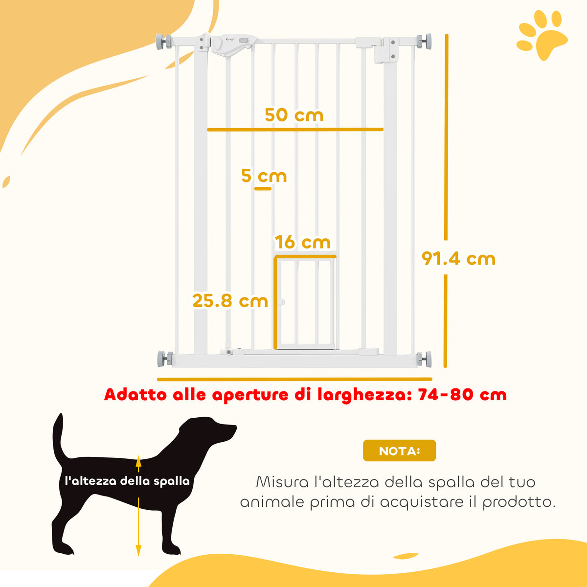 Cancelletto per Cani con Porta Piccola, Montaggio a Pressione e Chiusura Automatica, 74-80x91.4cm, Bianco