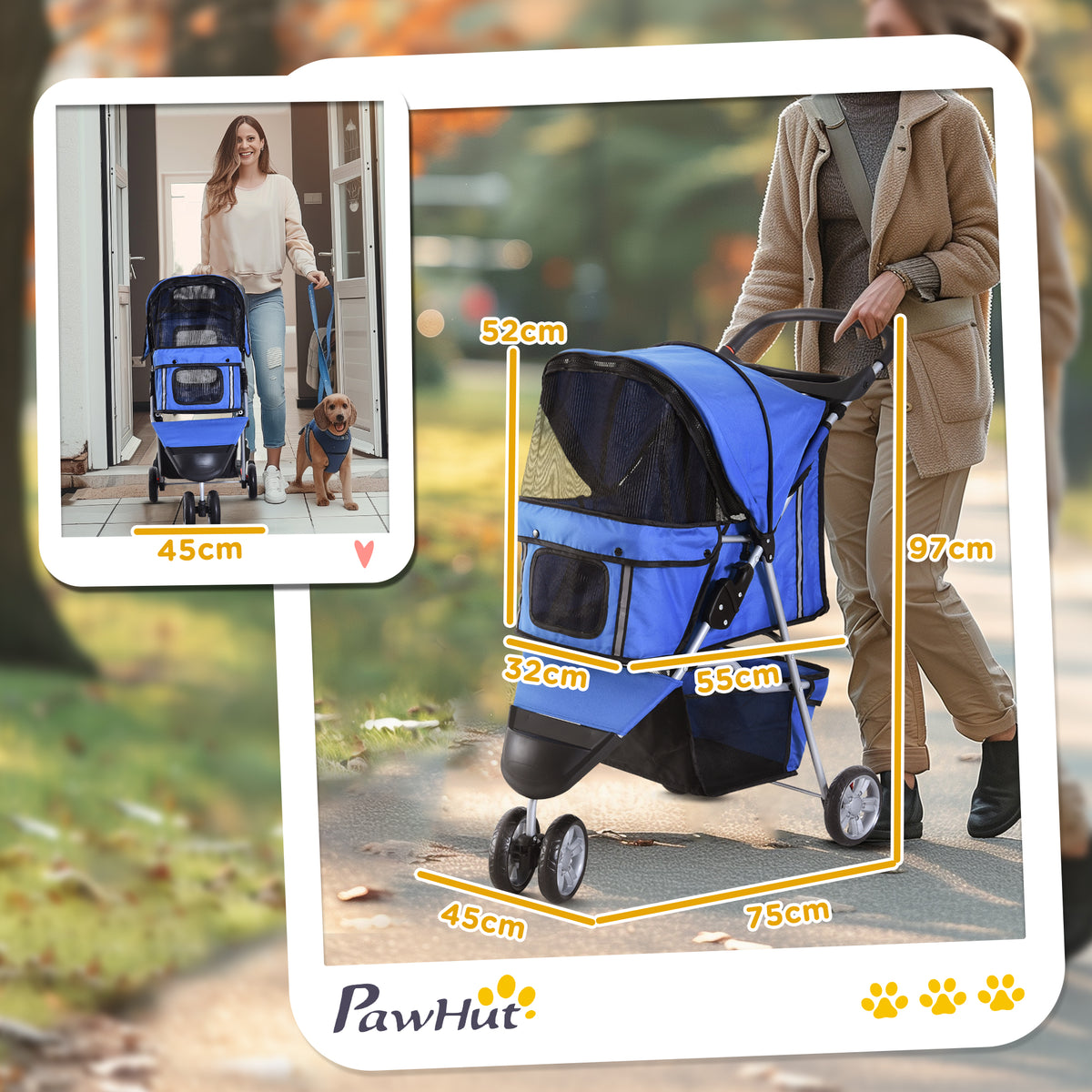 Passeggino per Cani Piccoli Pieghevole, Carrozzina per Cani con Ruote con Freni, Portabicchieri, Cestino Portaoggetti e Imbottitura Rimovibile e Lavabile, per Animali Domestici 10 kg, Blu