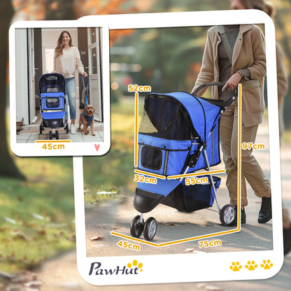 Passeggino per Cani Piccoli Pieghevole, Carrozzina per Cani con Ruote con Freni, Portabicchieri, Cestino Portaoggetti e Imbottitura Rimovibile e Lavabile, per Animali Domestici 10 kg, Blu