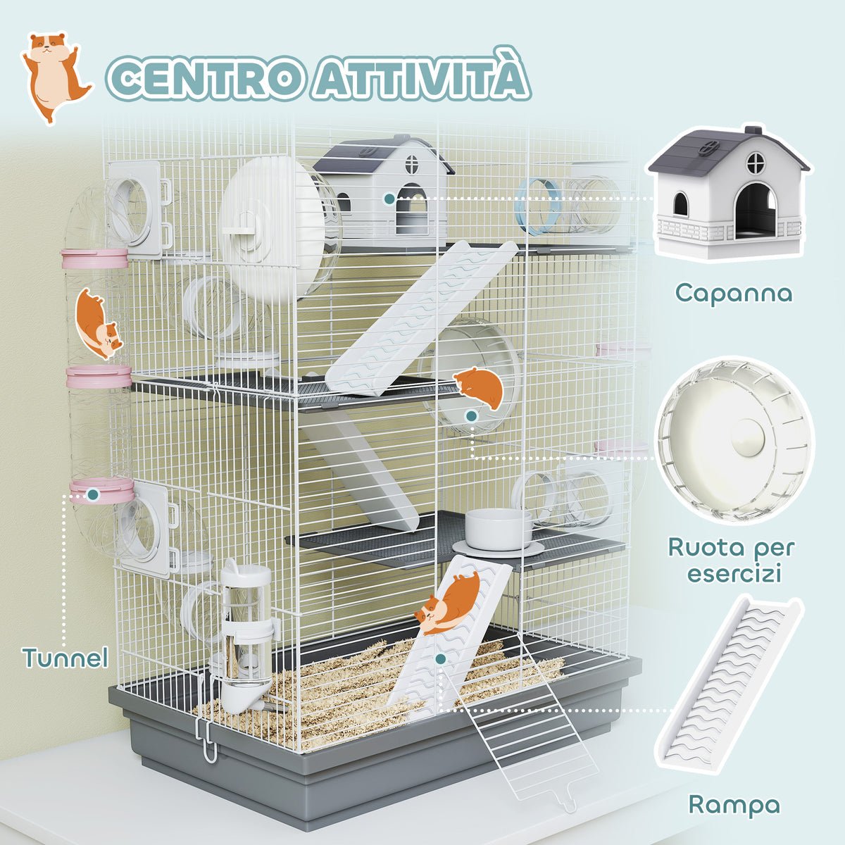 Gabbia per Criceti a 4 Livelli e 16 Tubi con Casetta, Rampa, e Accessori, in Metallo e Plastica, 47x30x70 cm, Grigio