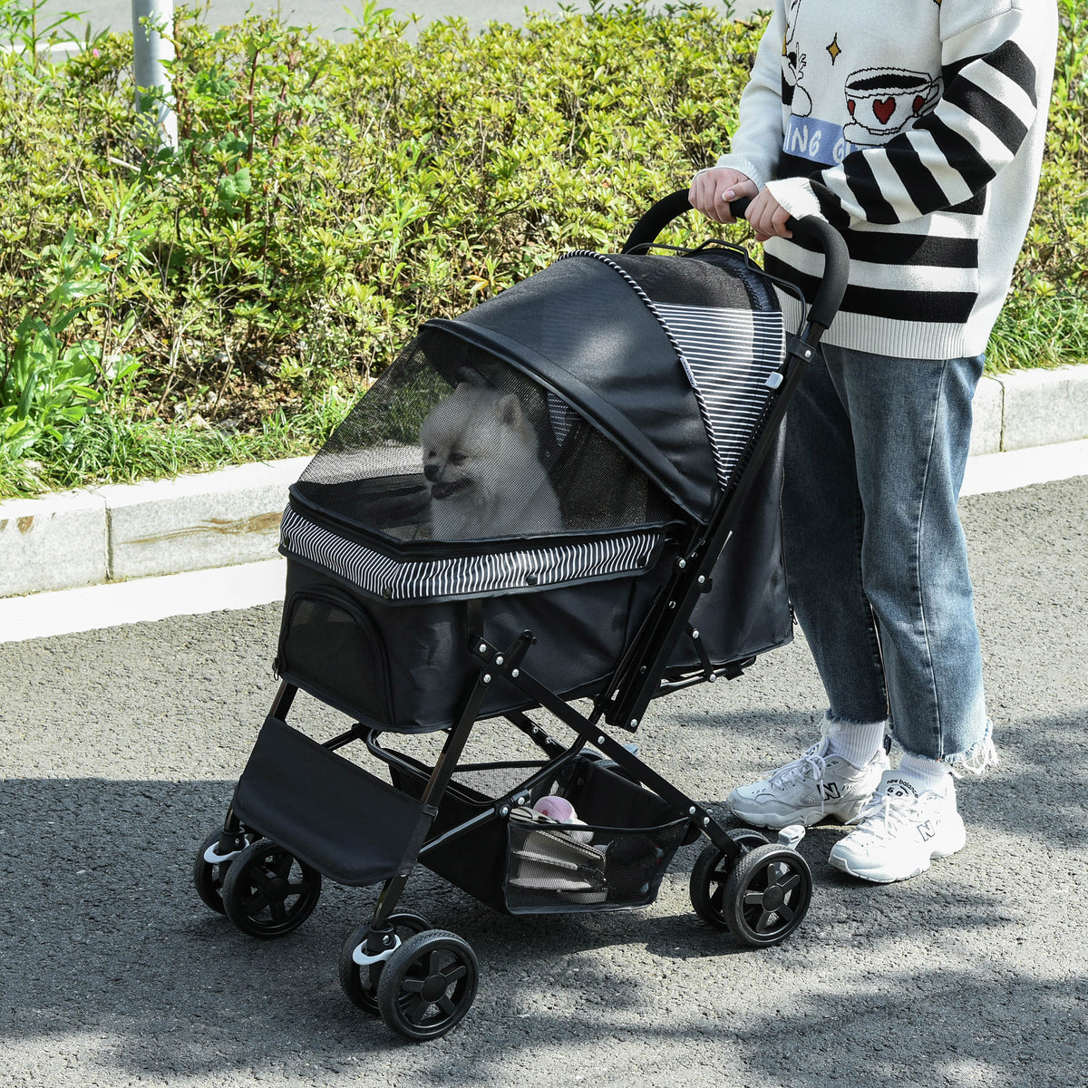 Passeggino per Cani Piccoli Pieghevole con Maniglione Girevole e Cestino Portaoggetti, Nero