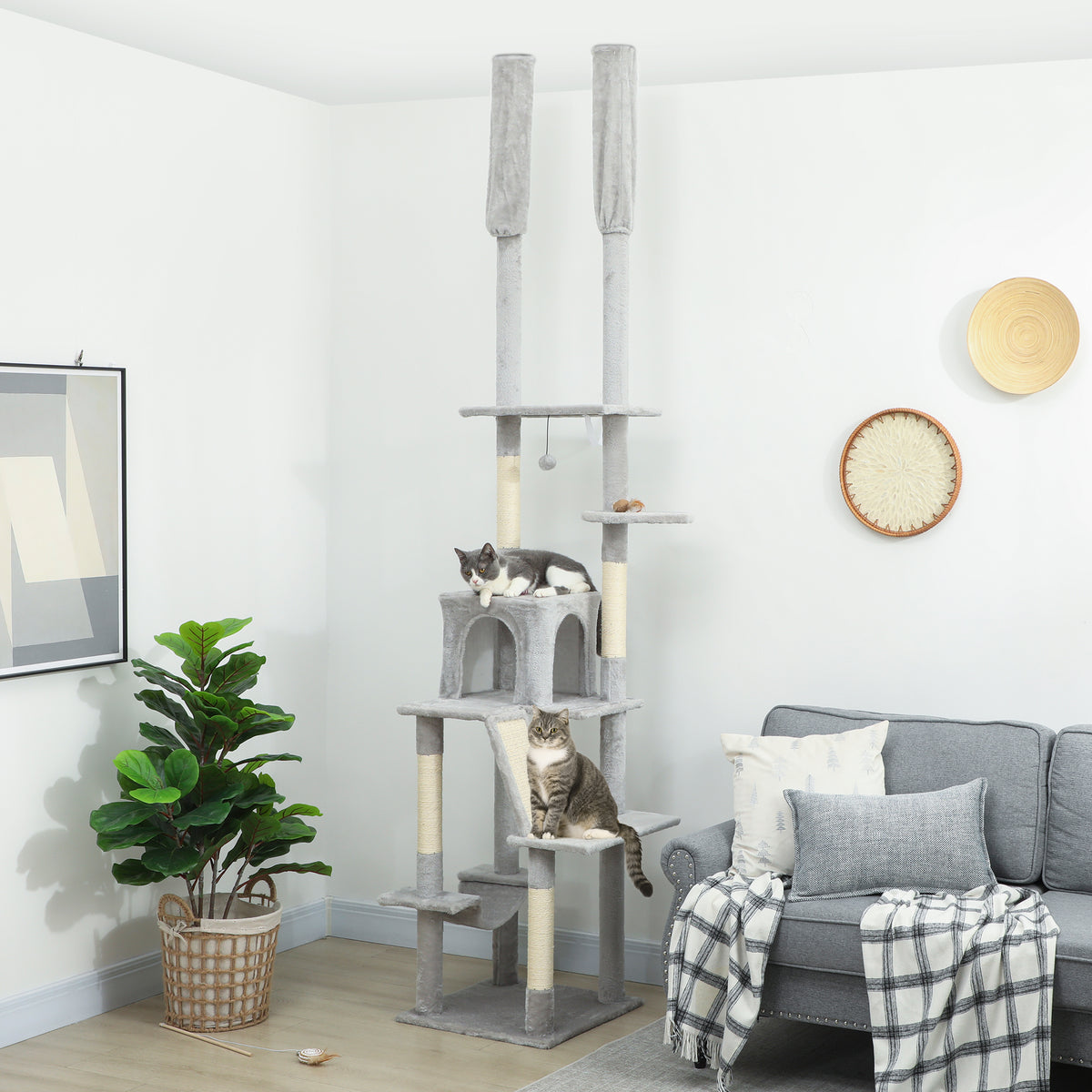 Albero Tiragraffi a Soffitto con Altezza Regolabile 225-255 cm con Casetta e Amaca, Grigio Chiaro