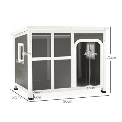 Casetta per Cani con Finestrelle e Ingresso a Tenda, in Legno di Abete, 90x62x71 cm, Grigio Chiaro