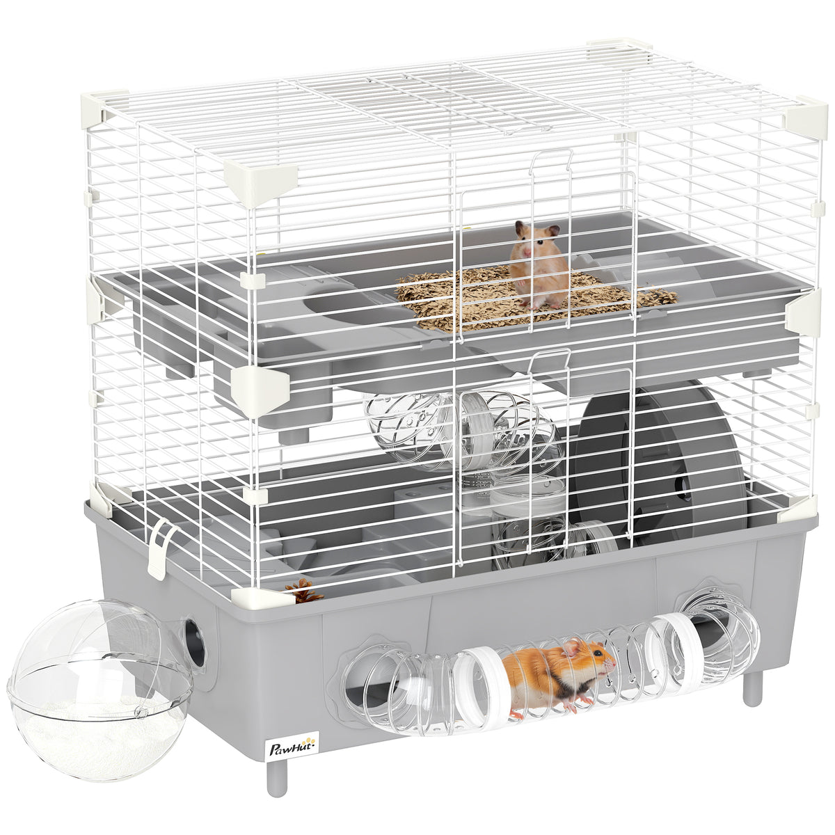 Gabbia per Criceti a 2 Livelli e 3 Porte con Ruota e Tubi, in Acciaio, PS e PP, 44.5x28x44 cm, Grigio e Bianco