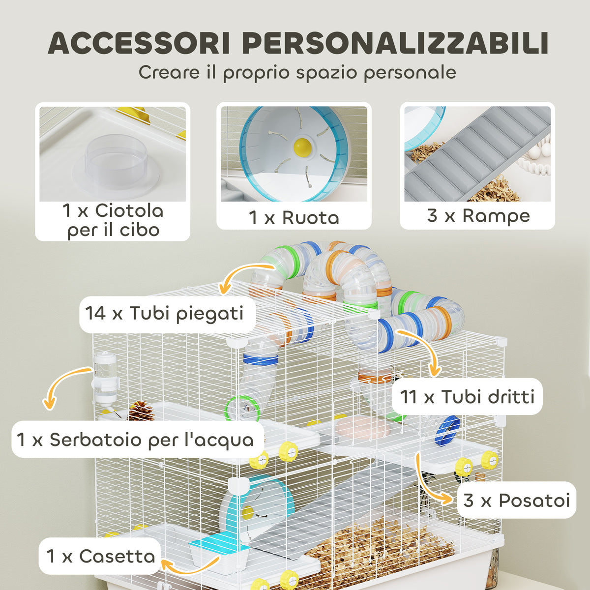 Gabbia per Criceti a 4 Livelli con Tubi, Ruota, 3 Porte e Vassoio, in Metallo, PP e PS, 78x45x73 cm, Bianco