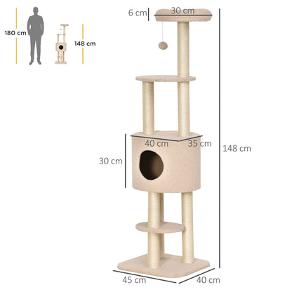 Albero Tiragraffi Robusto per Gatti con 5 Livelli, Cuccia, Casetta, Giochi e Corda Sisal, Beige, Max 30kg