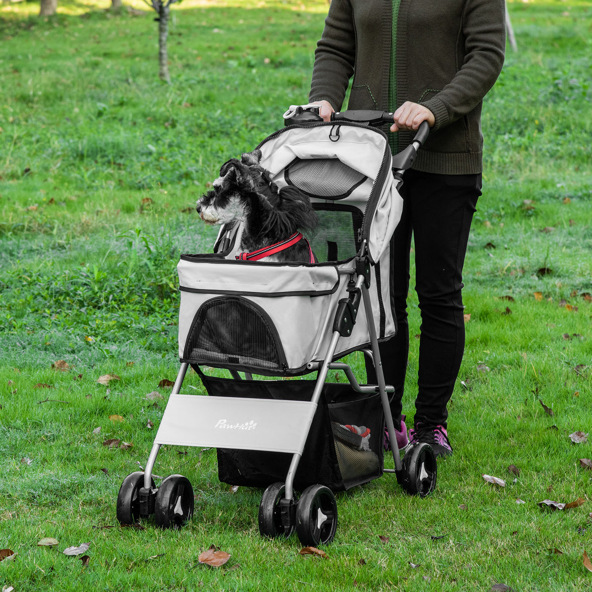 Passeggino per Cani Pieghevole con 3 Reti e Cerniera, in Ferro e Tessuto Oxford, 77x45x99.5 cm, Grigio