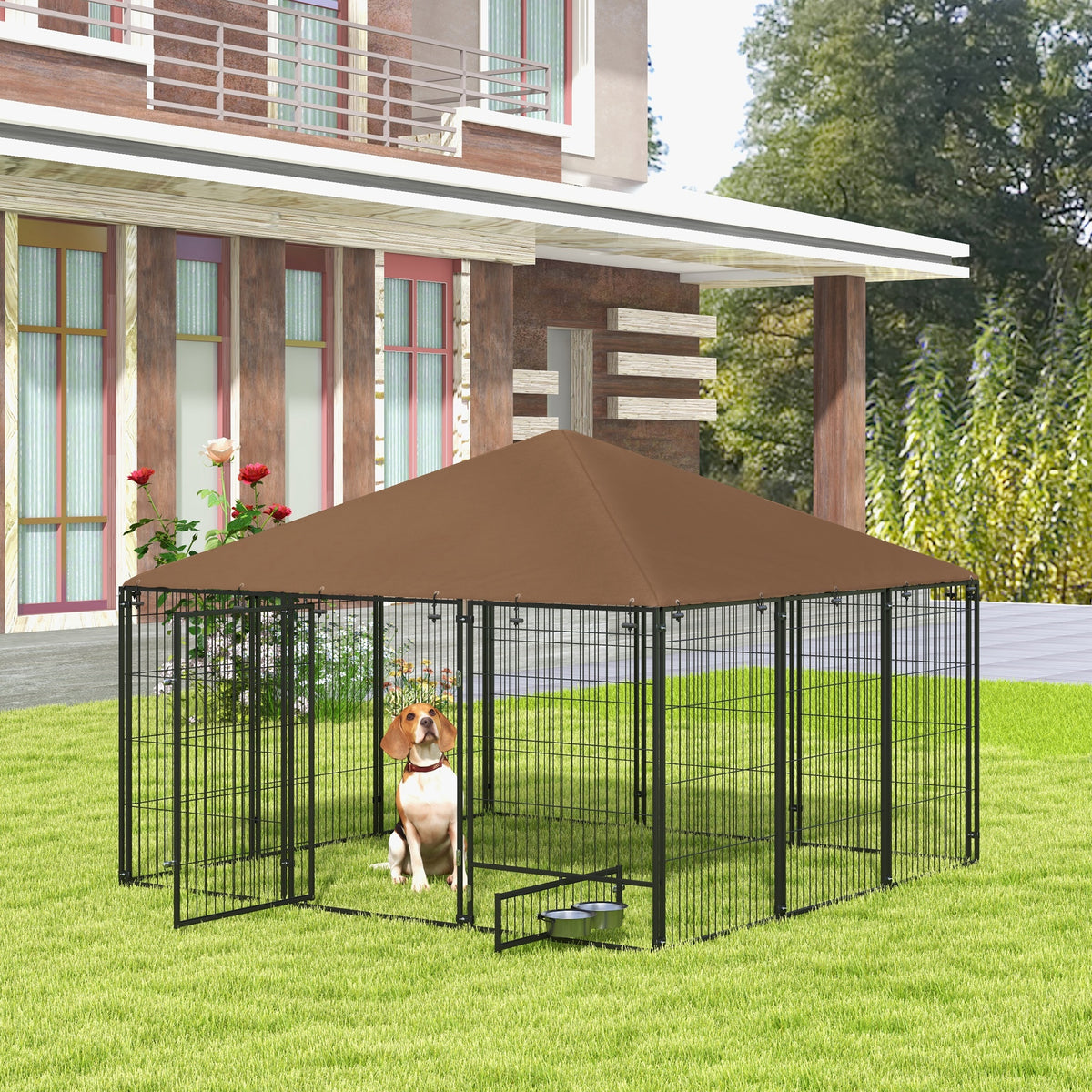 Recinto per Cani in Metallo e Tessuto Oxford con Porticina per Ciotole, 211x211x151 cm, Nero e Marrone