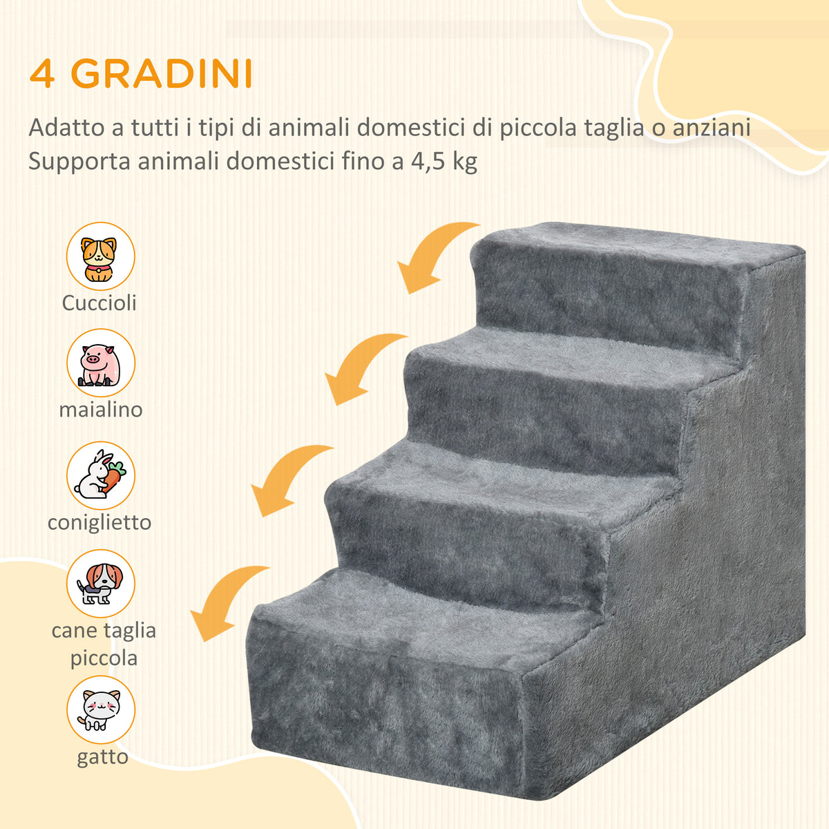 Scaletta per Cani Portatile a 4 Gradini, in Tessuto Vellutato Sfoderabile e Truciolato, 60x35x44 cm, Grigio