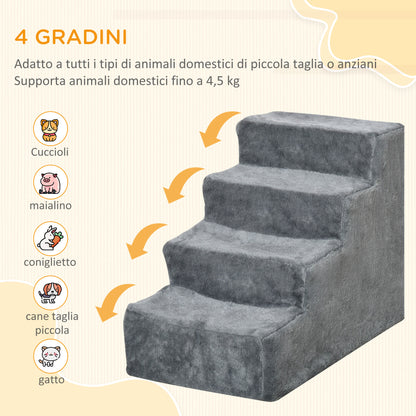 Scaletta per Cani Portatile a 4 Gradini, in Tessuto Vellutato Sfoderabile e Truciolato, 60x35x44 cm, Grigio