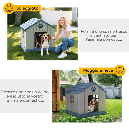 Casetta per Cani Taglia Media da Esterno Impermeabile con Base Rialzata e Finestre, 85x79x82 cm, Grigio