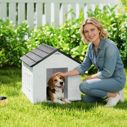 Casetta per Cani in PP Impermeabile con Tetto Inclinato e Porta di Ingresso, 65x75.7x63 cm, Grigio