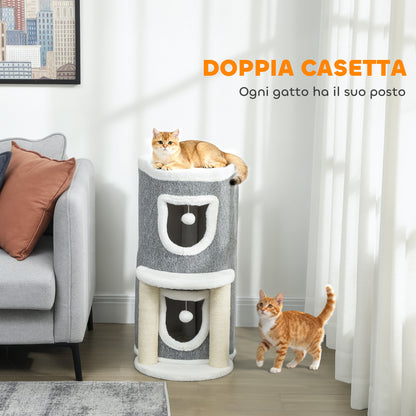 Albero Tiragraffi per Gatti Alto 76 cm con Casette, Lettino, Palline e Pali in Sisal, Grigio