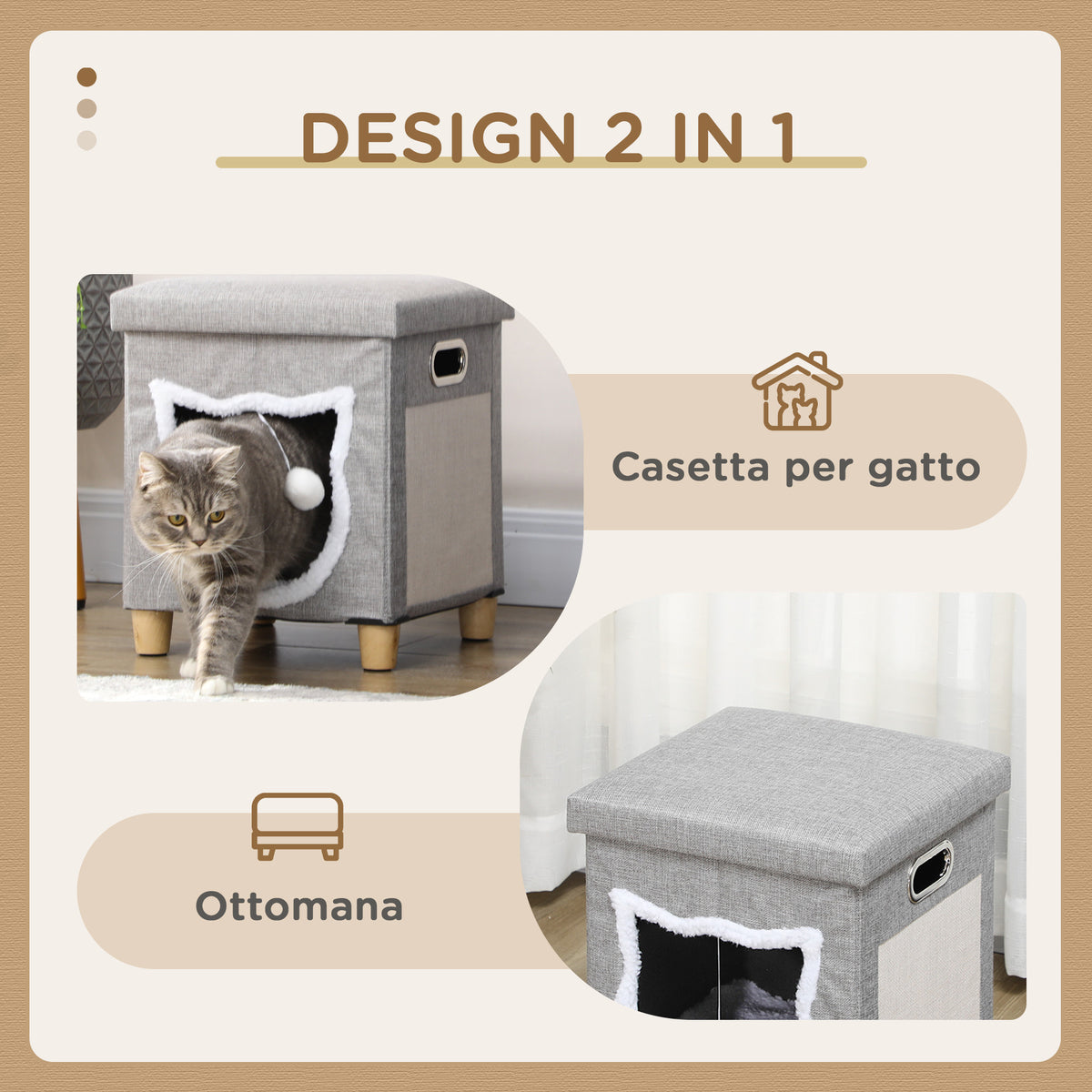 Casetta per Gatti con Tiragraffi, Cuscino e Pallina, in Legno e Poliestere, 35.5x35.5x42.5 cm, Crema e Grigio