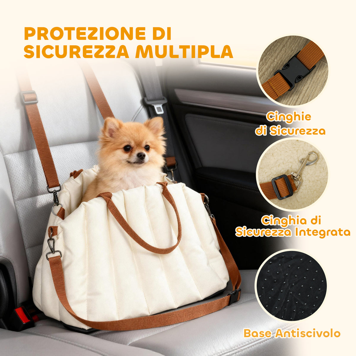 Seggiolino Auto per Cani Piccoli con Guinzaglio e Base Antiscivolo, Convertibile in Borsa per Animali, Crema