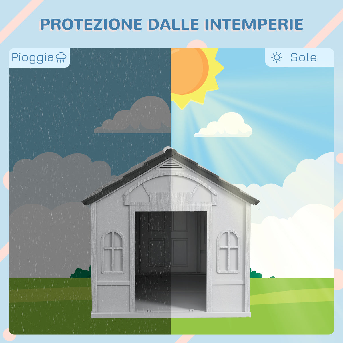 Casetta per Cani in PP Impermeabile con Tetto Inclinato e Porta di Ingresso, 65x75.7x63 cm, Grigio