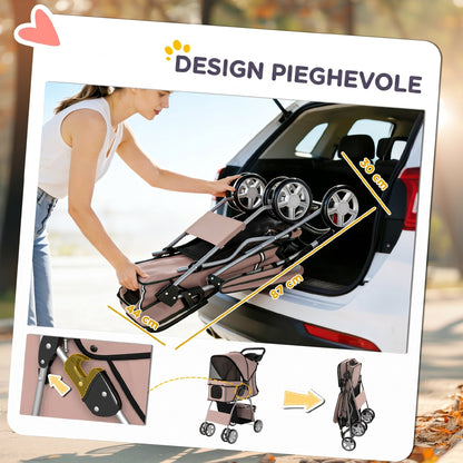 Passeggino per Cani Pieghevole con Catarifrangenti, Ruote Girevoli, Freni e Cuscino Lavabile, Caffè