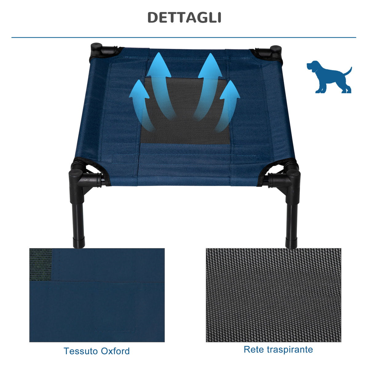 Lettino per Cani Rialzato con Seduta Traspirante, in Acciaio e Tessuto, 61x46x18 cm, Blu Scuro e Nero