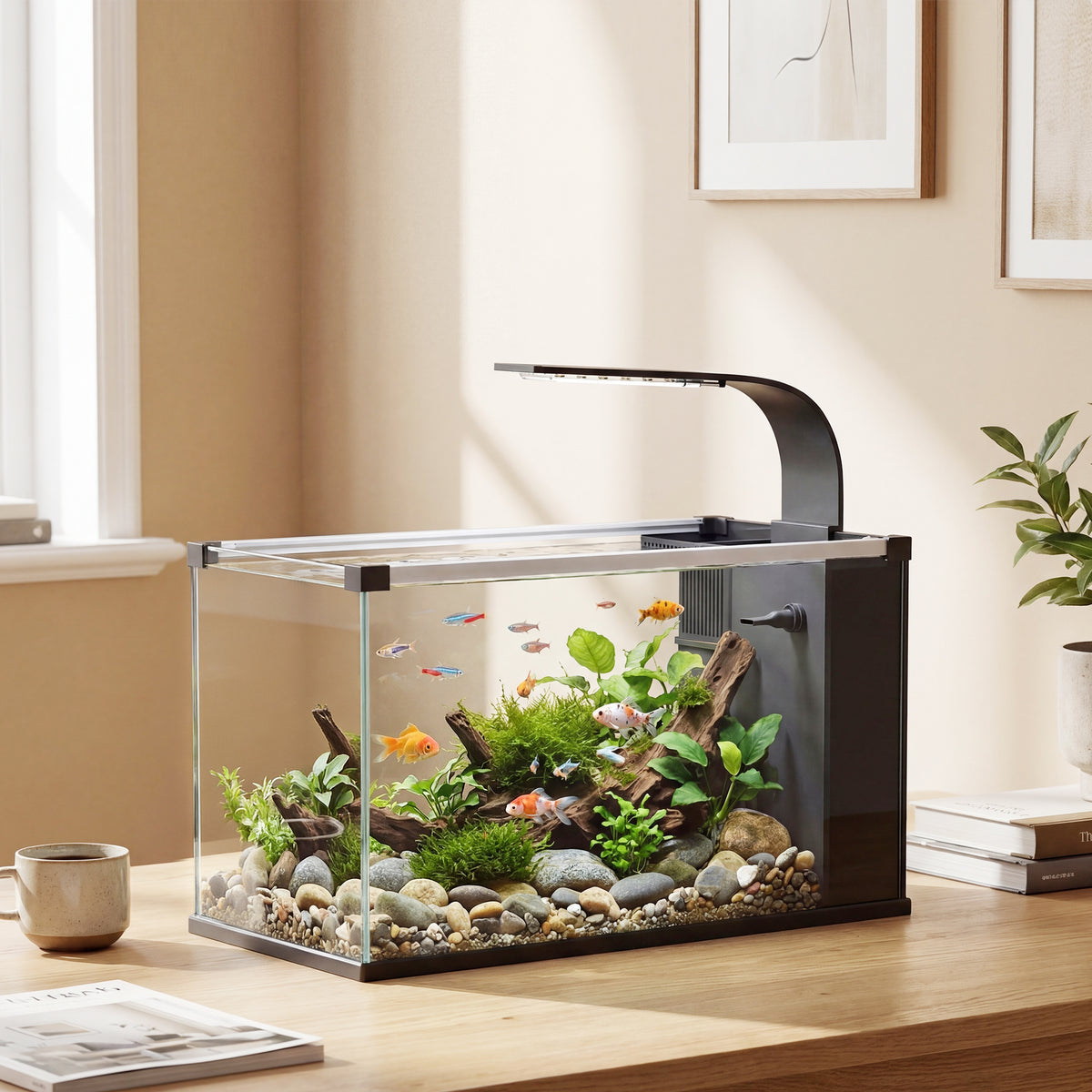 Acquario Casalingo da 24L in Vetro Temperato con Filtro Integrato e Luce LED, 45x25x25.5 cm, Nero