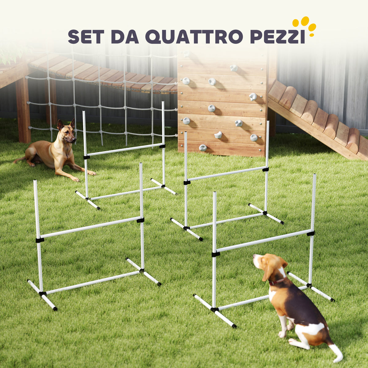 Set di 4 Ostacoli Agility Dog per Addestramento Cani ad Altezza Regolabile con Borsa da Trasporto Inclusa, 99x65x94cm, Bianco