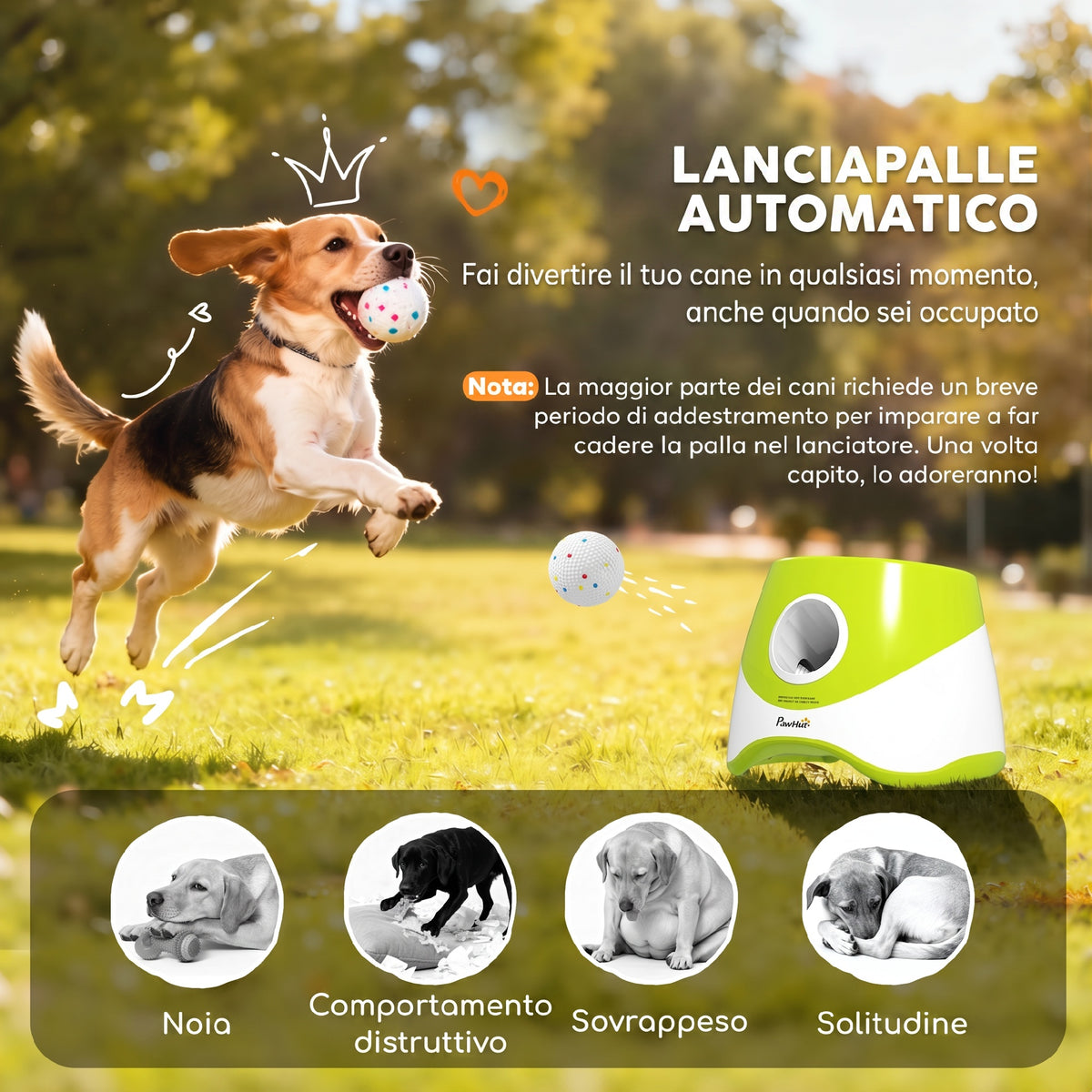 Lanciatore Automatico di Palline per Cani di Piccola e Media Taglia con 3 Palline, 3 Distanze Regolabili, Verde