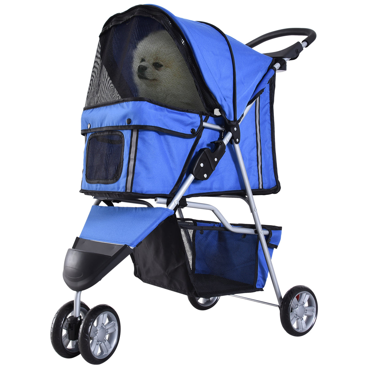 Passeggino per Cani Piccoli Pieghevole, Carrozzina per Cani con Ruote con Freni, Portabicchieri, Cestino Portaoggetti e Imbottitura Rimovibile e Lavabile, per Animali Domestici 10 kg, Blu