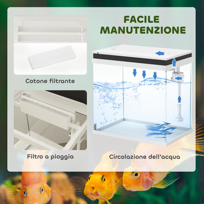 Acquario per Pesci Rossi 26L con Luci LED, Sistema di Filtraggio e Pompa d'Acqua, 38x26x38 cm, Bianco