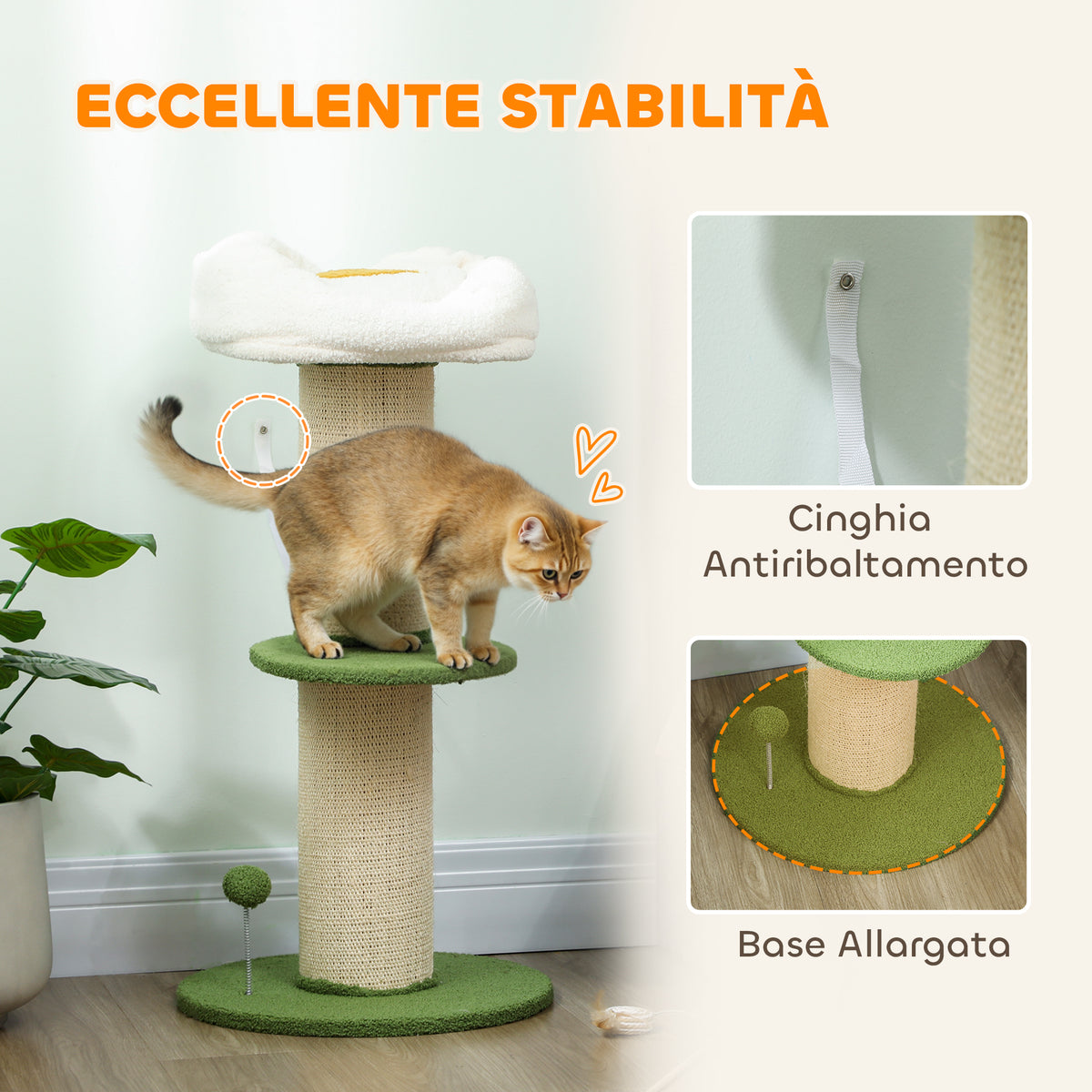 Albero Tiragraffi per Gatti Alto 92 cm con Palo in Sisal e Lettino a Forma di Fiore, Verde