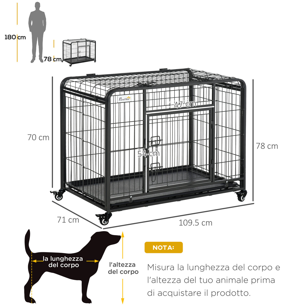 Kennel Gabbia per Cani Pieghevole Doppia Porta con Blocco 4 Ruote con Freno e Fondo Rimovibile, 109.5x71x78cm