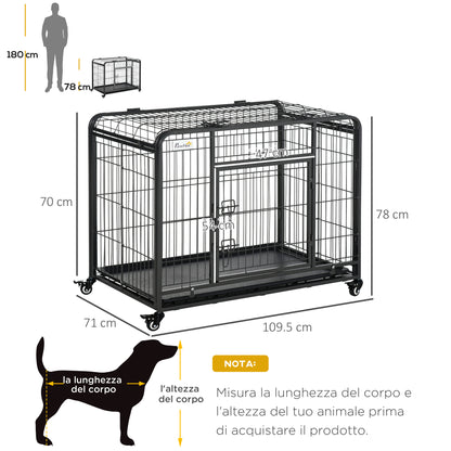Kennel Gabbia per Cani Pieghevole Doppia Porta con Blocco 4 Ruote con Freno e Fondo Rimovibile, 109.5x71x78cm