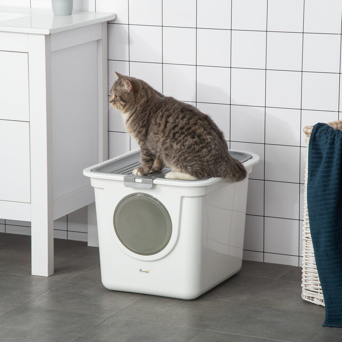 Lettiera per Gatti Chiusa a 2 Ingressi con Vassoio e Paletta, in Plastica PE, 44x55x39 cm, Bianco