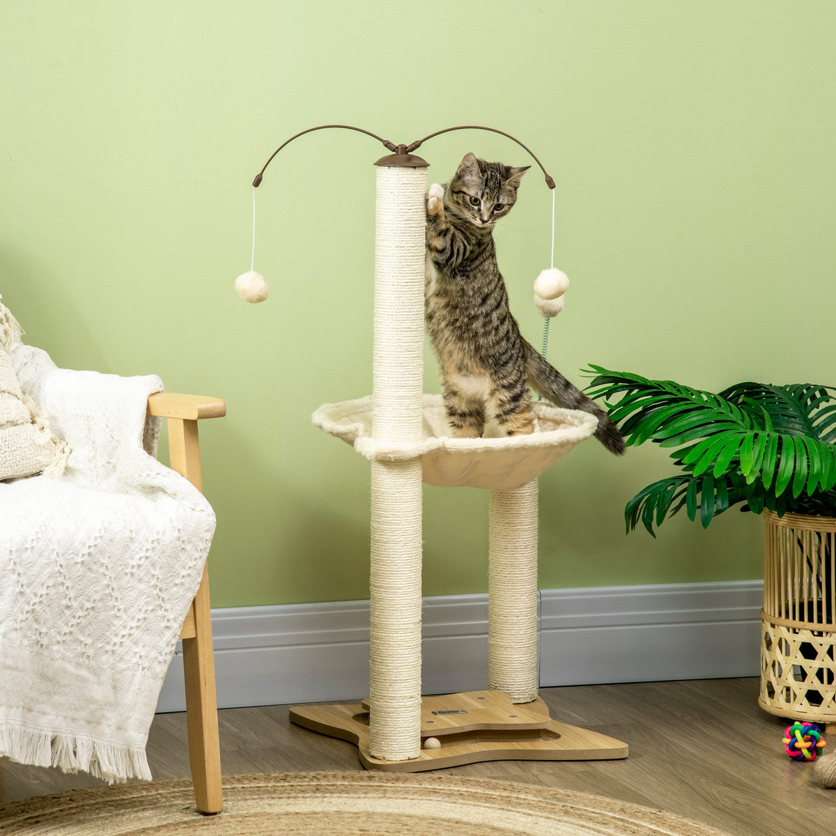 Albero Tiragraffi per Gatti max 5kg con Amaca, Palline da Gioco e Pali in Sisal, 53.5x53.5x90 cm, Beige