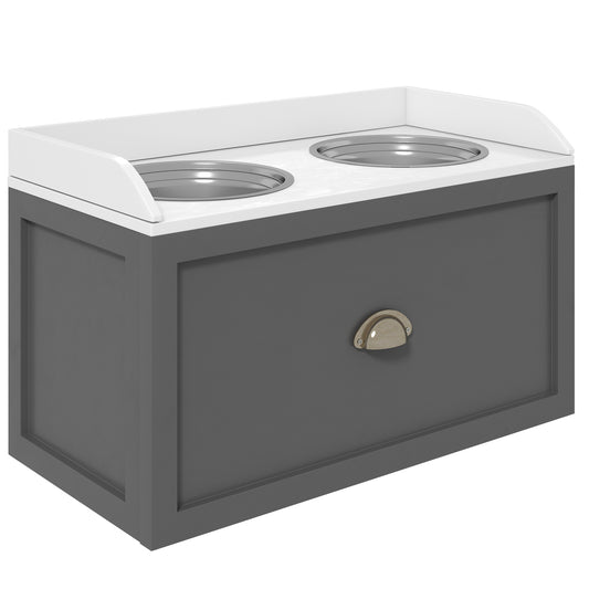 Ciotole per Cani Rialzate in Acciaio Inox e Legno con Cassetto, 60x30x36cm, Grigio