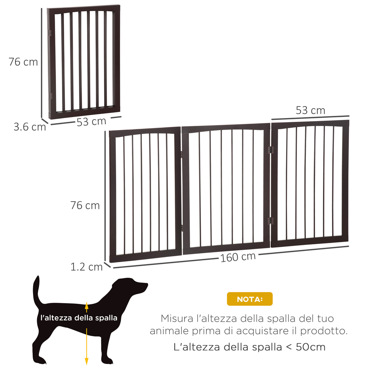 Cancellino Portatile da 3 Sezioni per Cani e Animali Domestici Divisorio di Sicurezza Pieghevole, 160x1.2x76 cm, Marrone