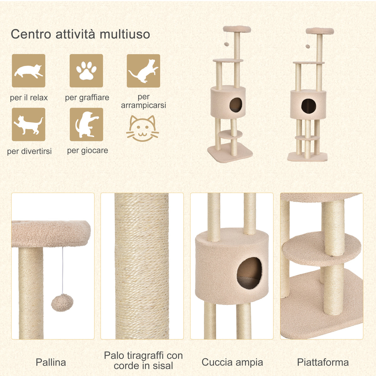 Albero Tiragraffi Robusto per Gatti con 5 Livelli, Cuccia, Casetta, Giochi e Corda Sisal, Beige, Max 30kg