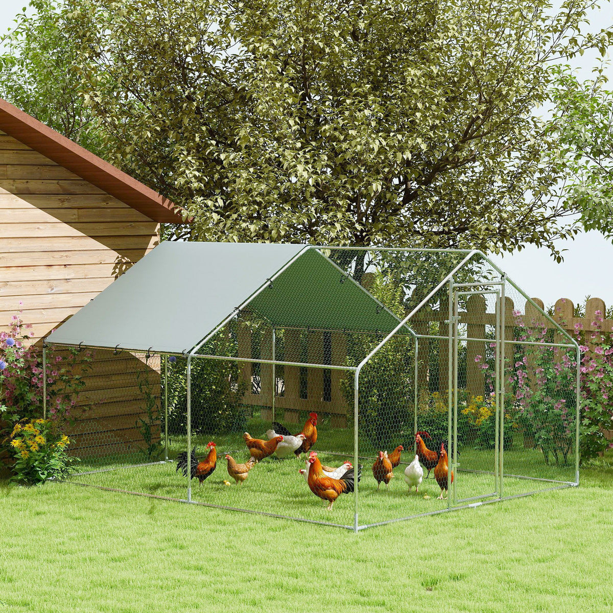 Recinto per Galline da 10.2m per 10-15 Galline con Tetto Impermeabile, in Acciaio e Tessuto, 3x3.4x1.9 m, Argento