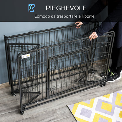 Kennel Gabbia per Cani Pieghevole a Doppia Porta con Blocco, Box per Cani con 4 Ruote con Freno e Fondo Rimovibile, 125x76x81cm, Grigio Scuro